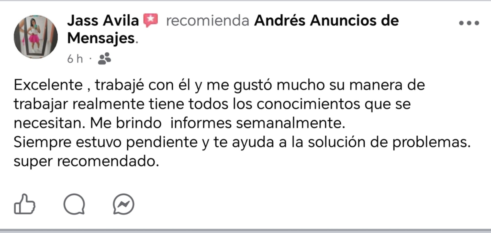Recomendación de Jass Ávila sobre Andrés Anuncios de Mensajes